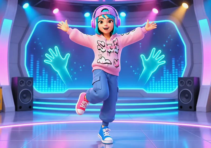 Dance game art: a girl in headphones dances on a neon stage