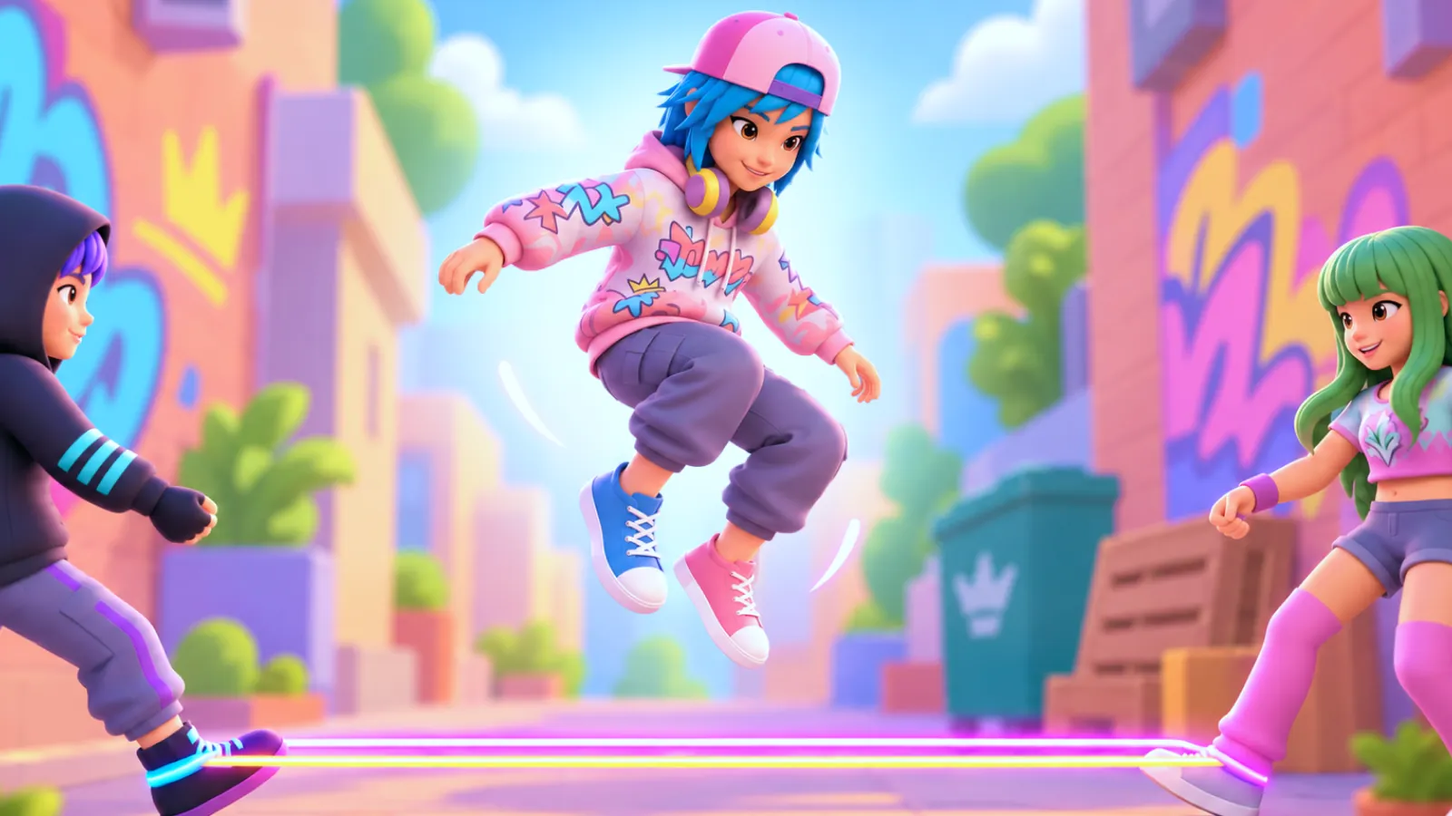 Elastics 2.0 art: cartoon kids jumping elastics on a colorful city street