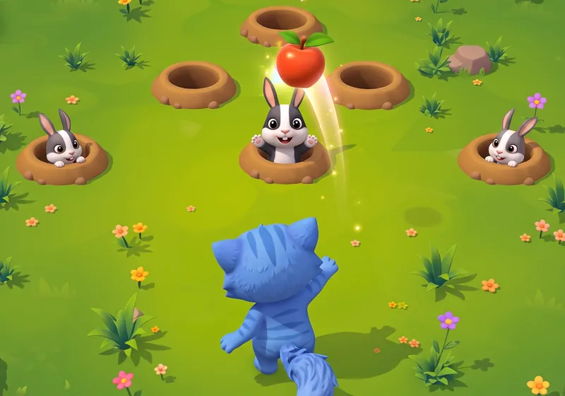 Feed Rabbits art: a blue cat in a meadow with bunnies peeking out of burrows and an apple