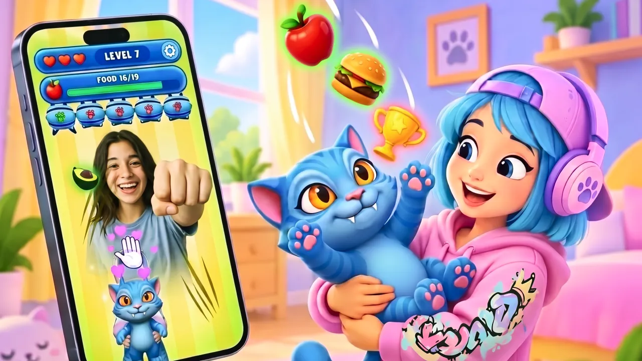 Dao Cat: a girl moves to feed a blue cartoon cat on screen
