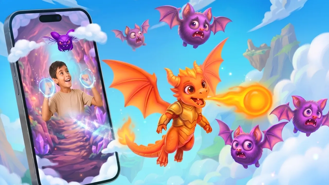 Firewake: an orange dragon breathes fire at purple bats in the sky