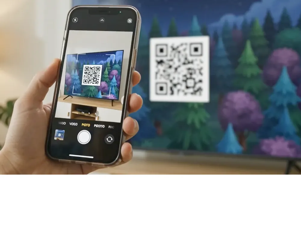 A phone scans a QR code on the TV to cast the game to the big screen