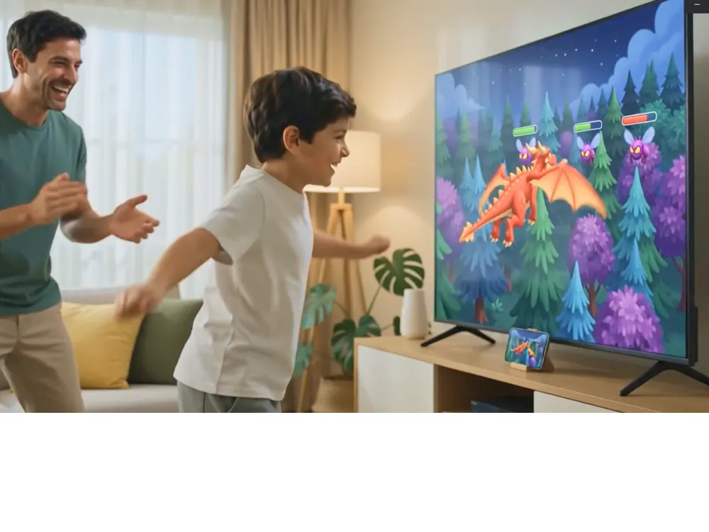 A dad and his son jump and wave in front of a TV showing a DJampa dragon game