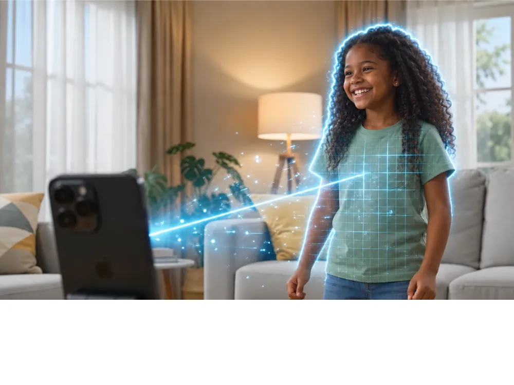 A girl stands in the living room while a phone on the table tracks her body