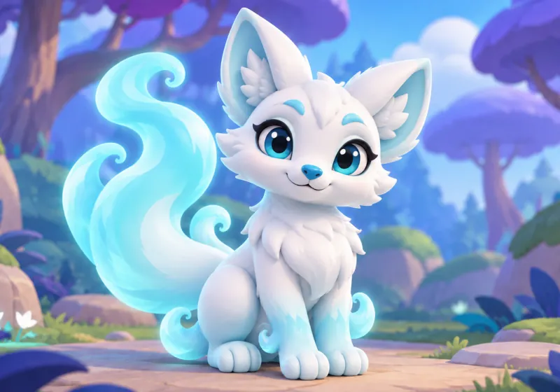OASA art: a white spirit fox with a glowing tail in a magical forest